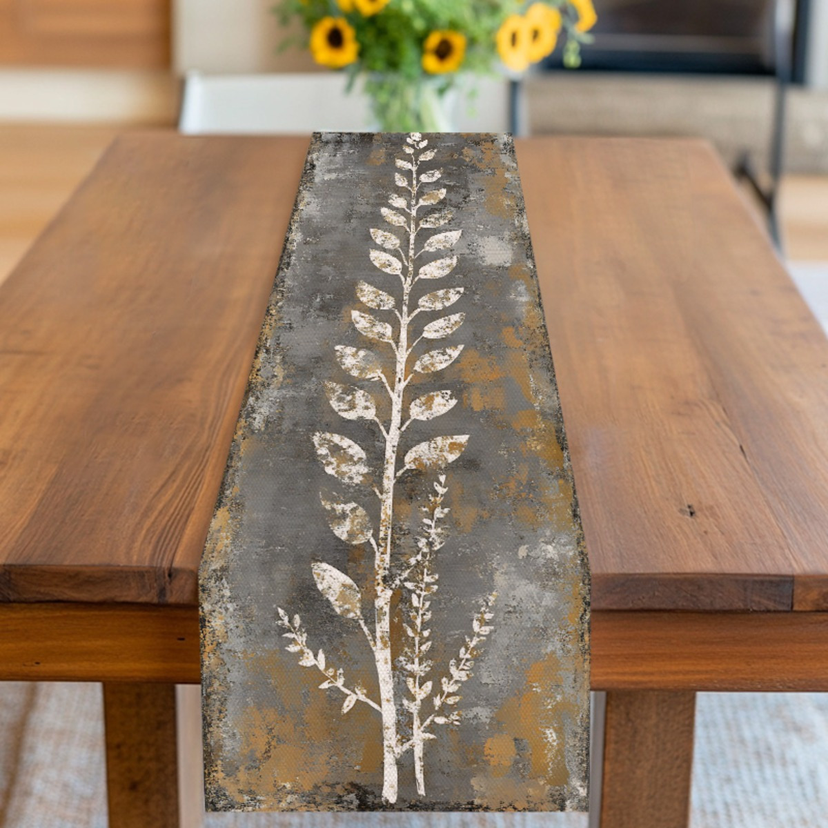 Christmas Table Runner - Vintage grijs-witte bladeren tafelloper, modern natuurlijk