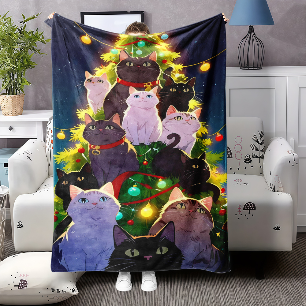 Christmas Throw Blanket - 1pc feestelijke kattenkerstboom flanellen deken -