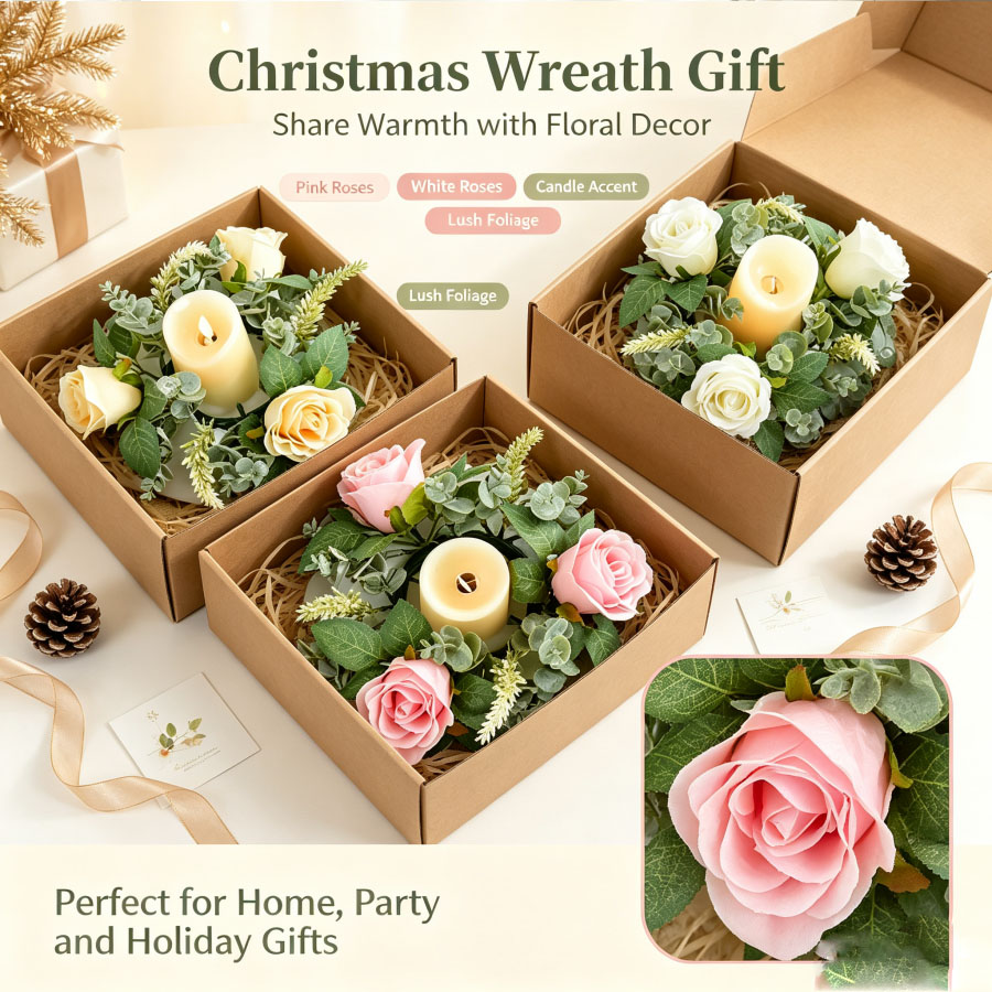 Holiday Candle Set - Kunstmatige rozenkransvormige kandelaar, bloemenguirlande, desktop kaarsenhouder,